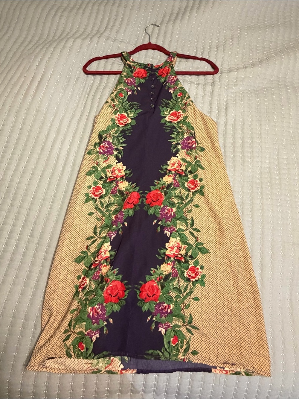 Floral A-Line Dress in Navy and Beige